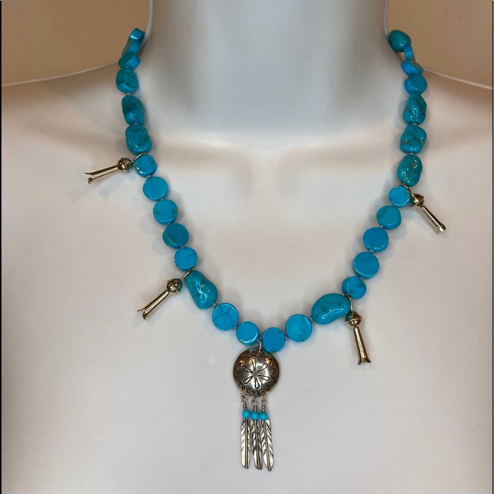 Hand Knotted Sleeping Beauty Turquoise Squash Blossom Dreamcatcher Necklace